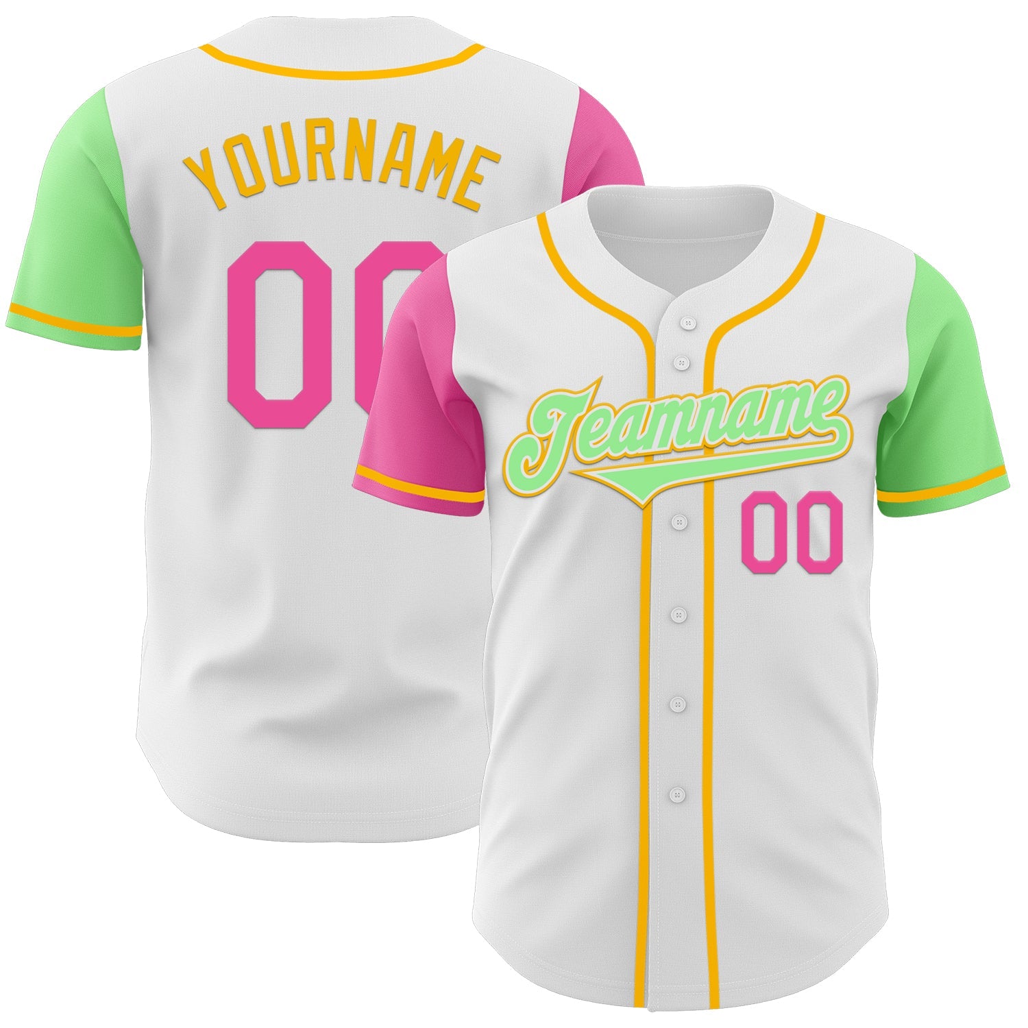Custom White Pink Pea Green-Gold Authentic Two Tone Baseball Jersey - Main View