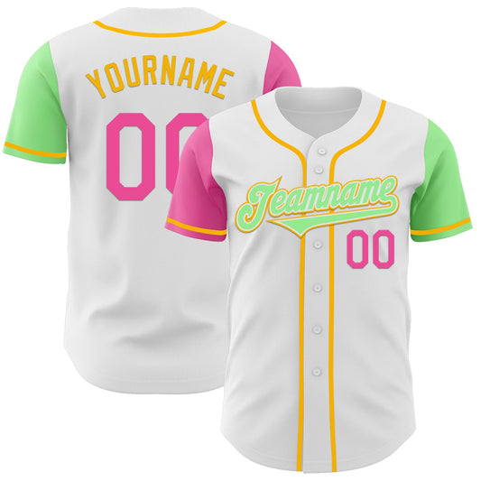 Custom White Pink Pea Green-Gold Authentic Two Tone Baseball Jersey - Main View