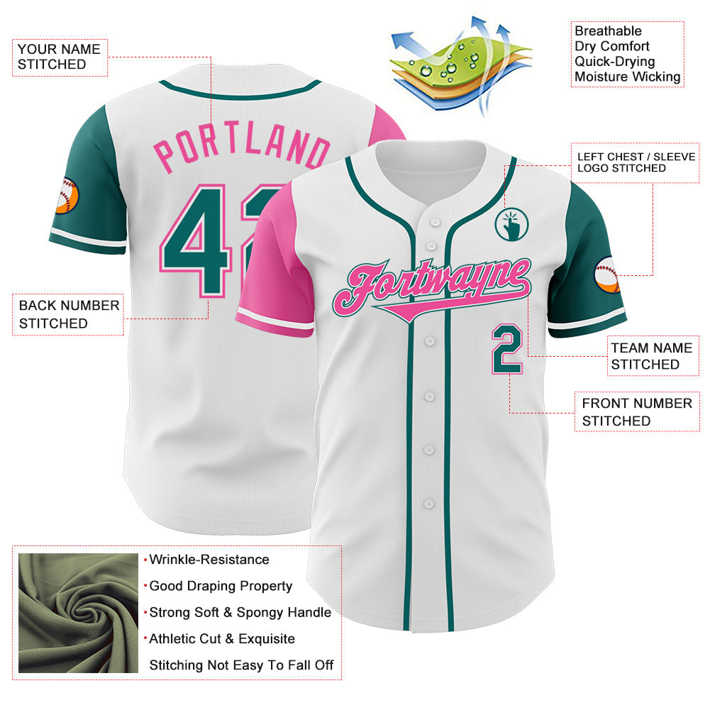 Custom White Teal-Pink Authentic Two Tone Baseball Jersey view 3