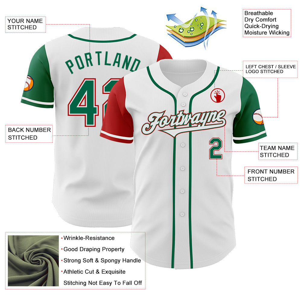 Custom White Kelly Green-Red Authentic Two Tone Baseball Jersey view 3