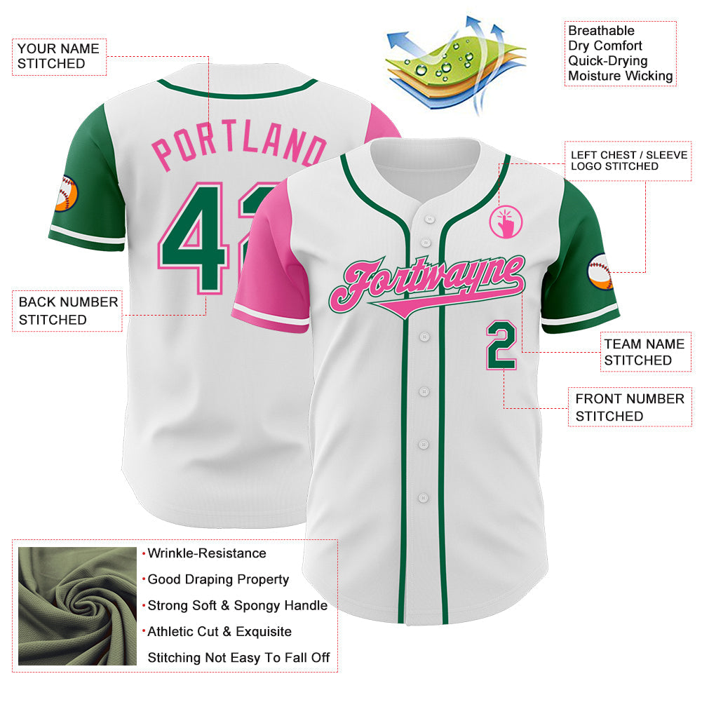 Custom White Kelly Green-Pink Authentic Two Tone Baseball Jersey view 3