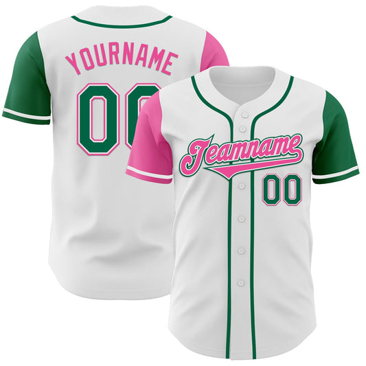 Custom White Kelly Green-Pink Authentic Two Tone Baseball Jersey - Main View