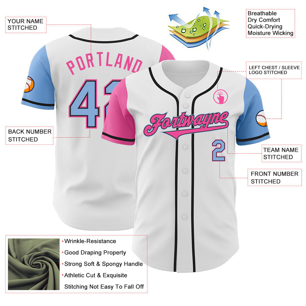 Custom White Light Blue Black-Pink Authentic Two Tone Baseball Jersey view 3
