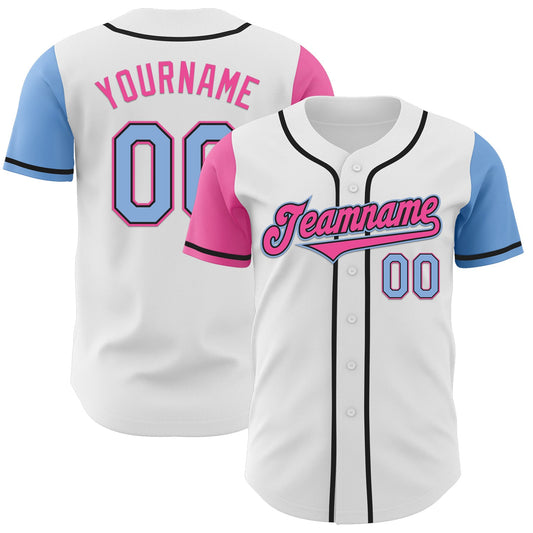 Custom White Light Blue Black-Pink Authentic Two Tone Baseball Jersey - Main View