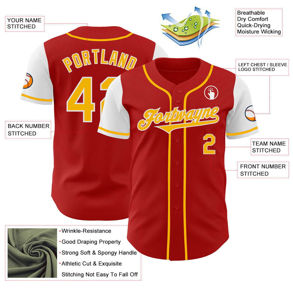 Custom Red Gold-White Authentic Two Tone Baseball Jersey view 3
