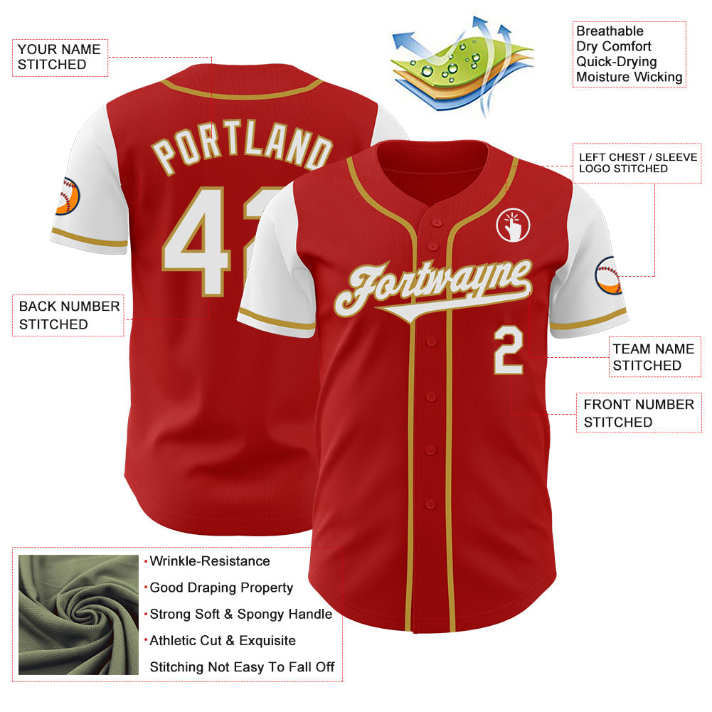 Custom Red White-Old Gold Authentic Two Tone Baseball Jersey view 3