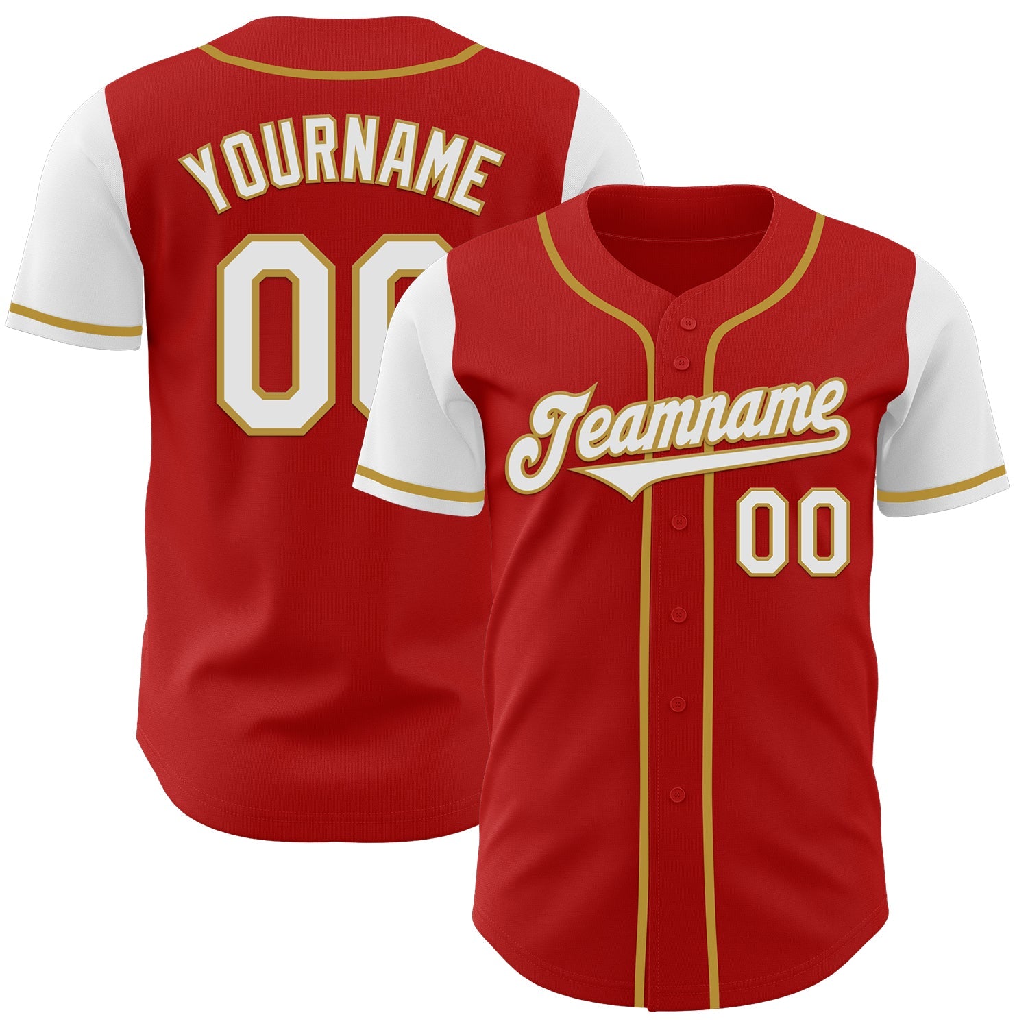 Custom Red White-Old Gold Authentic Two Tone Baseball Jersey - Main View