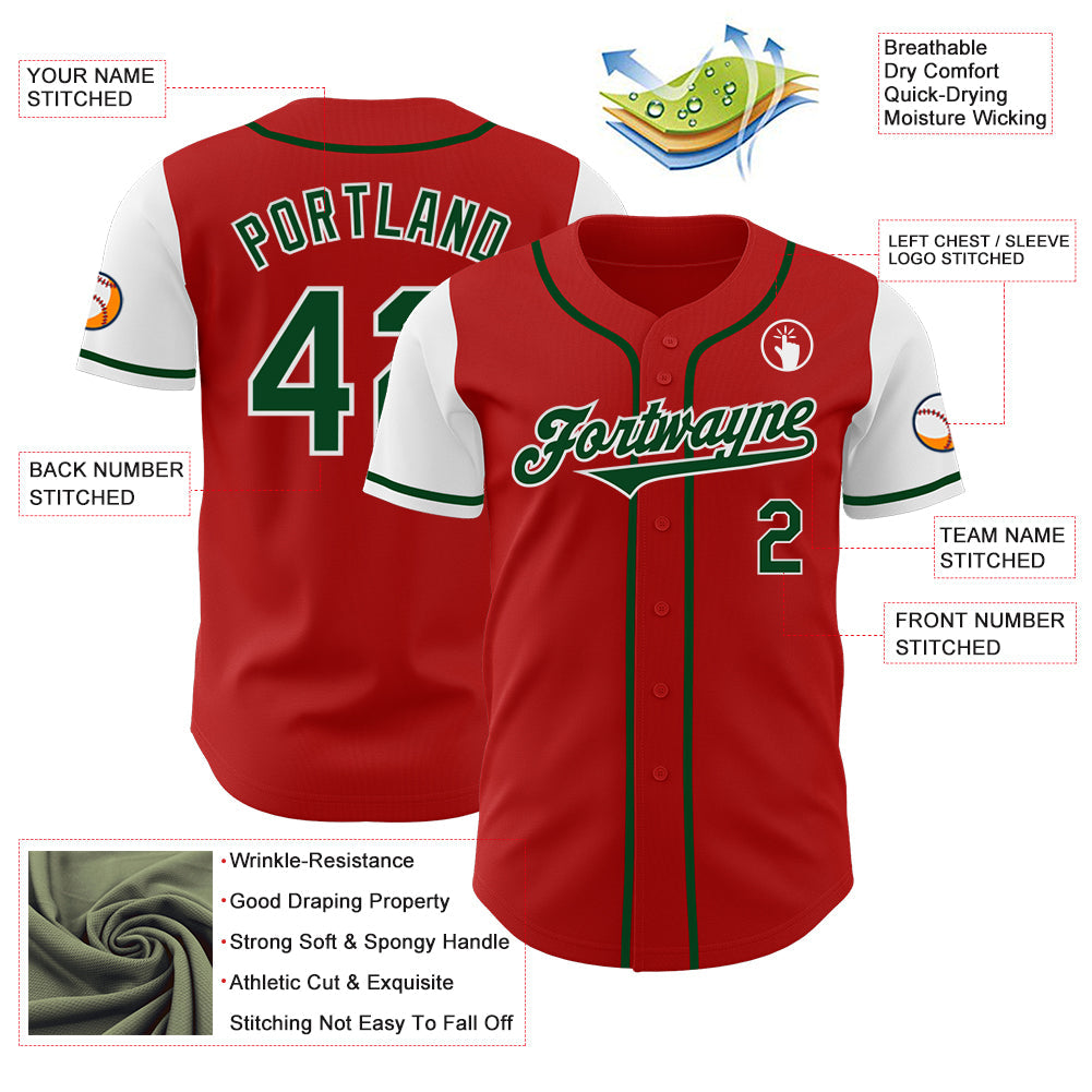 Custom Red Green-White Authentic Two Tone Baseball Jersey view 3