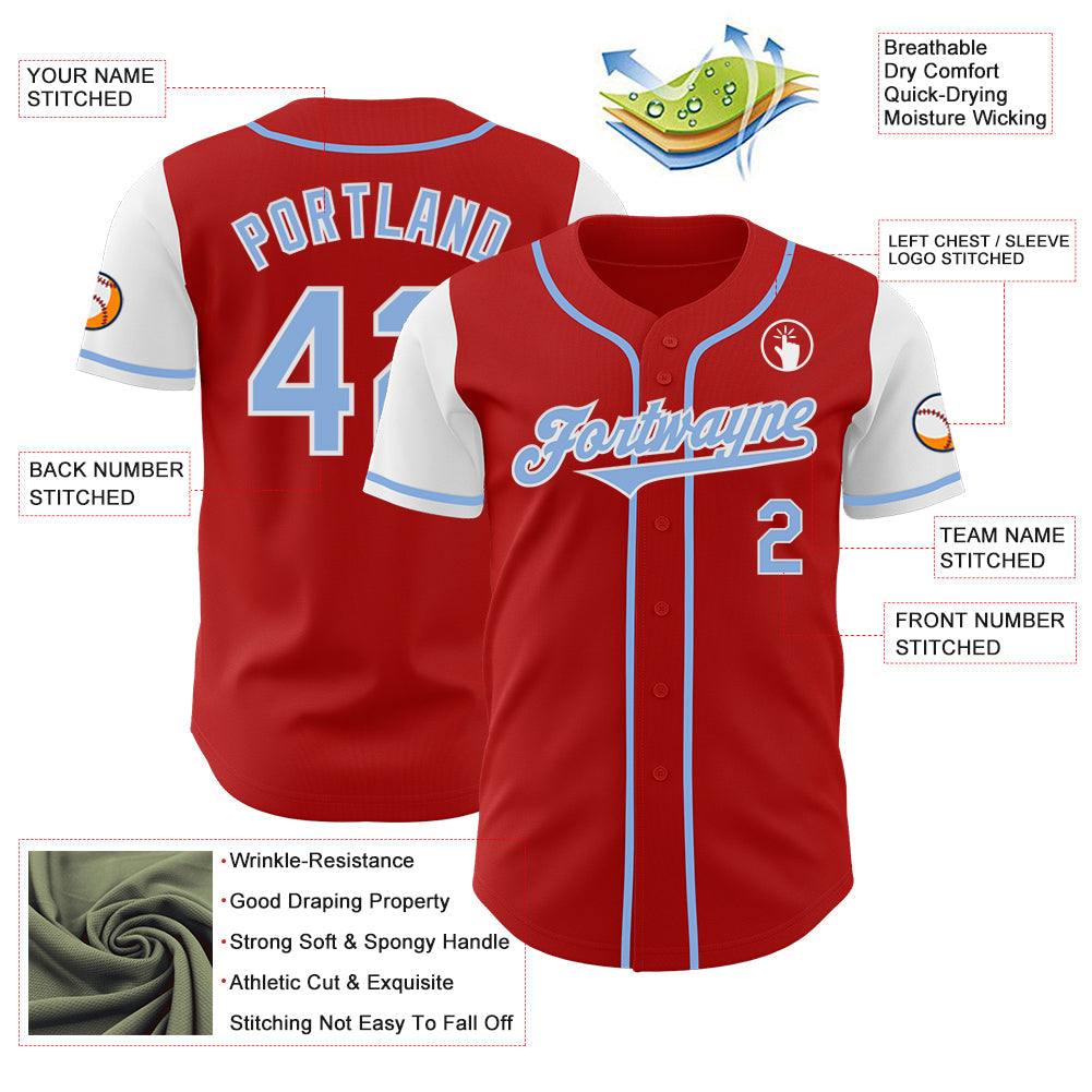 Custom Red Light Blue-White Authentic Two Tone Baseball Jersey view 3