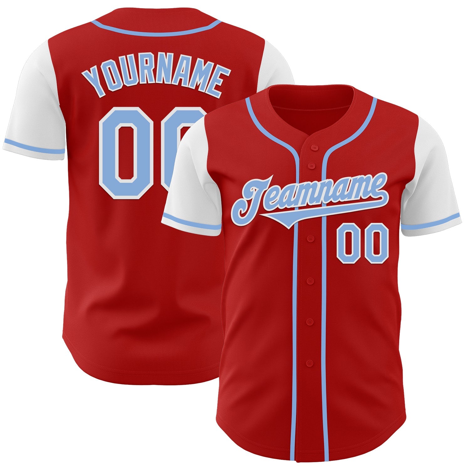 Custom Red Light Blue-White Authentic Two Tone Baseball Jersey - Main View
