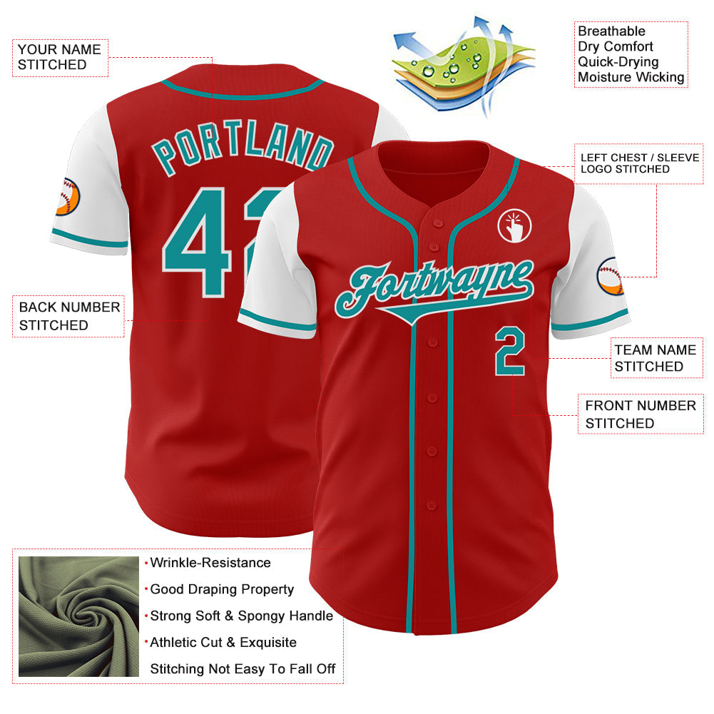 Custom Red Teal-White Authentic Two Tone Baseball Jersey view 3