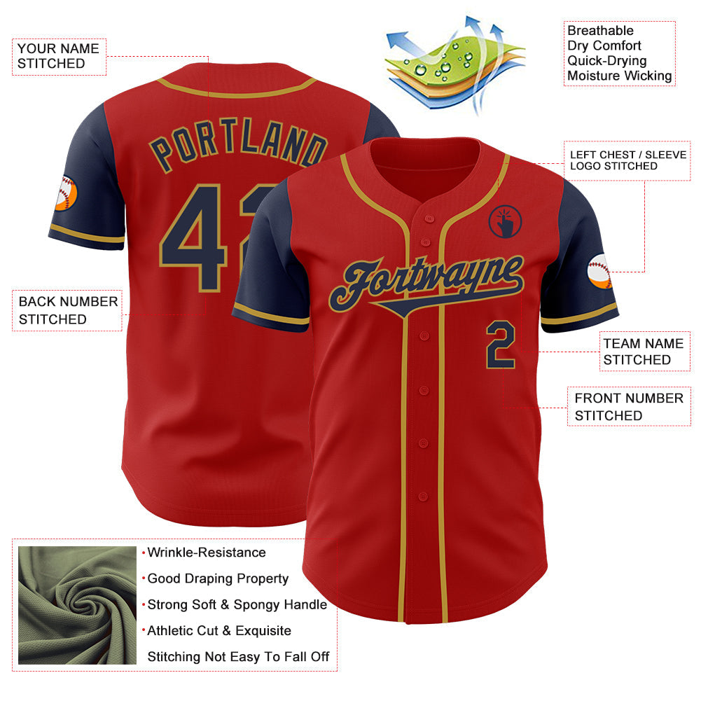 Custom Red Navy-Old Gold Authentic Two Tone Baseball Jersey view 3