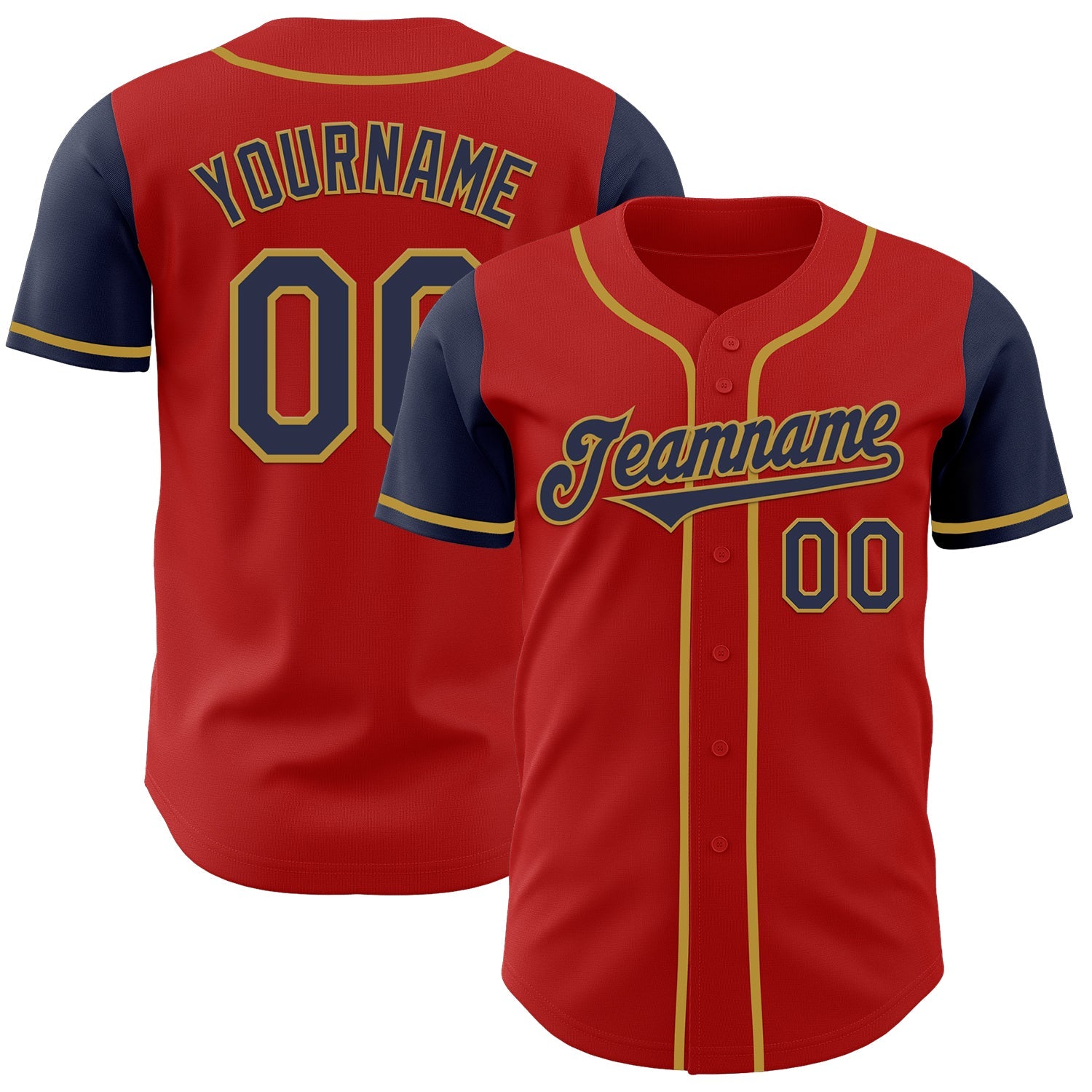 Custom Red Navy-Old Gold Authentic Two Tone Baseball Jersey - Main View