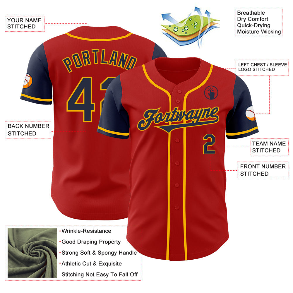 Custom Red Navy-Gold Authentic Two Tone Baseball Jersey view 3