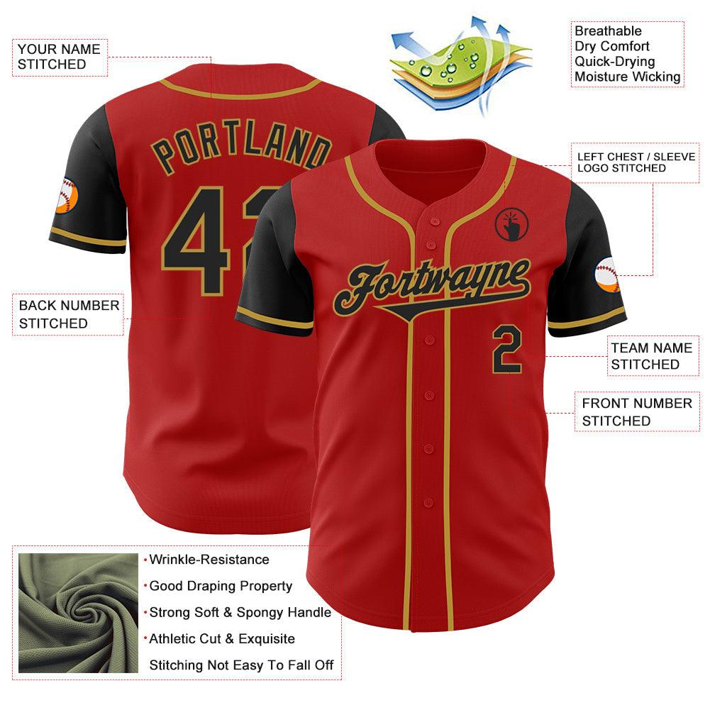 Custom Red Black-Old Gold Authentic Two Tone Baseball Jersey view 3