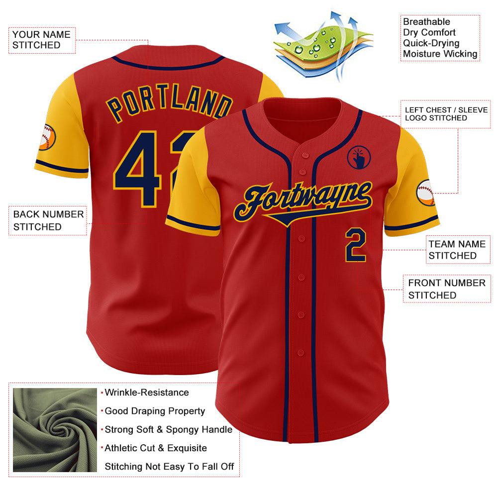 Custom Red Navy-Gold Authentic Two Tone Baseball Jersey view 3