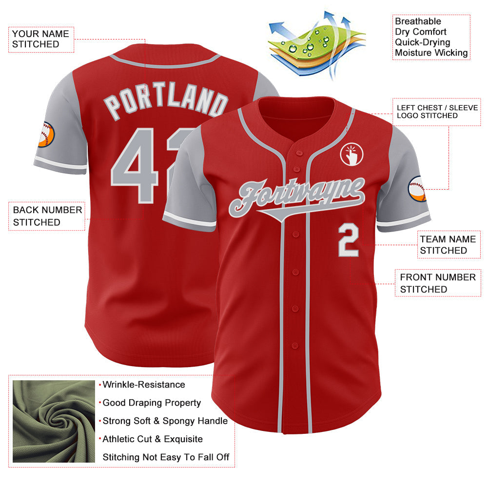 Custom Red Gray-White Authentic Two Tone Baseball Jersey view 3