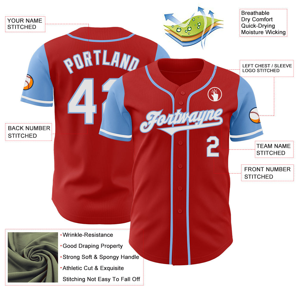 Custom Red White-Light Blue Authentic Two Tone Baseball Jersey view 3