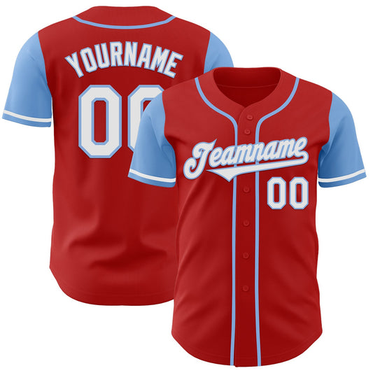 Custom Red White-Light Blue Authentic Two Tone Baseball Jersey - Main View
