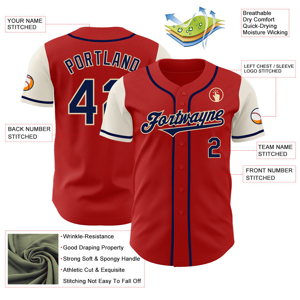 Custom Red Navy-Cream Authentic Two Tone Baseball Jersey view 3