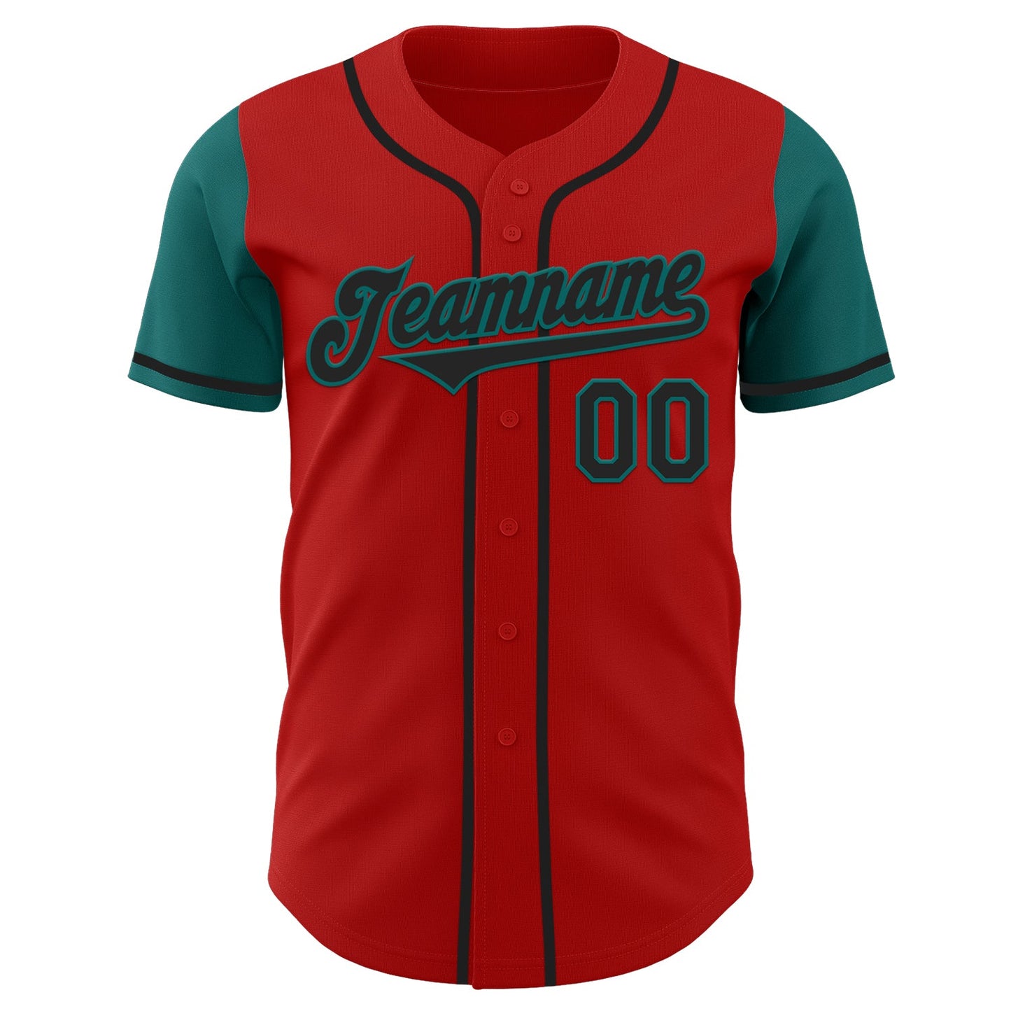 Custom Red Black-Teal Authentic Two Tone Baseball Jersey view 2