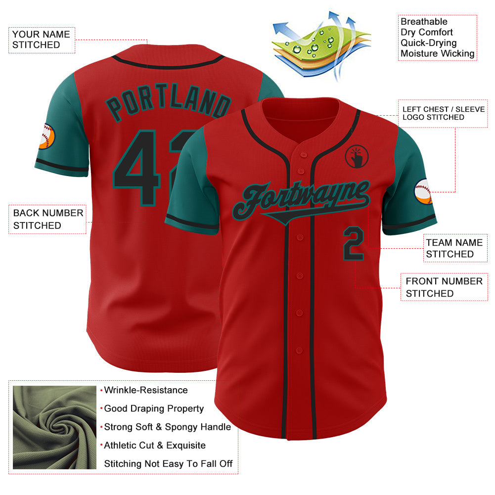 Custom Red Black-Teal Authentic Two Tone Baseball Jersey view 3