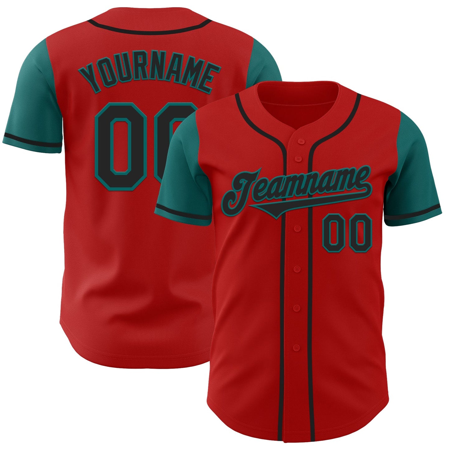 Custom Red Black-Teal Authentic Two Tone Baseball Jersey - Main View
