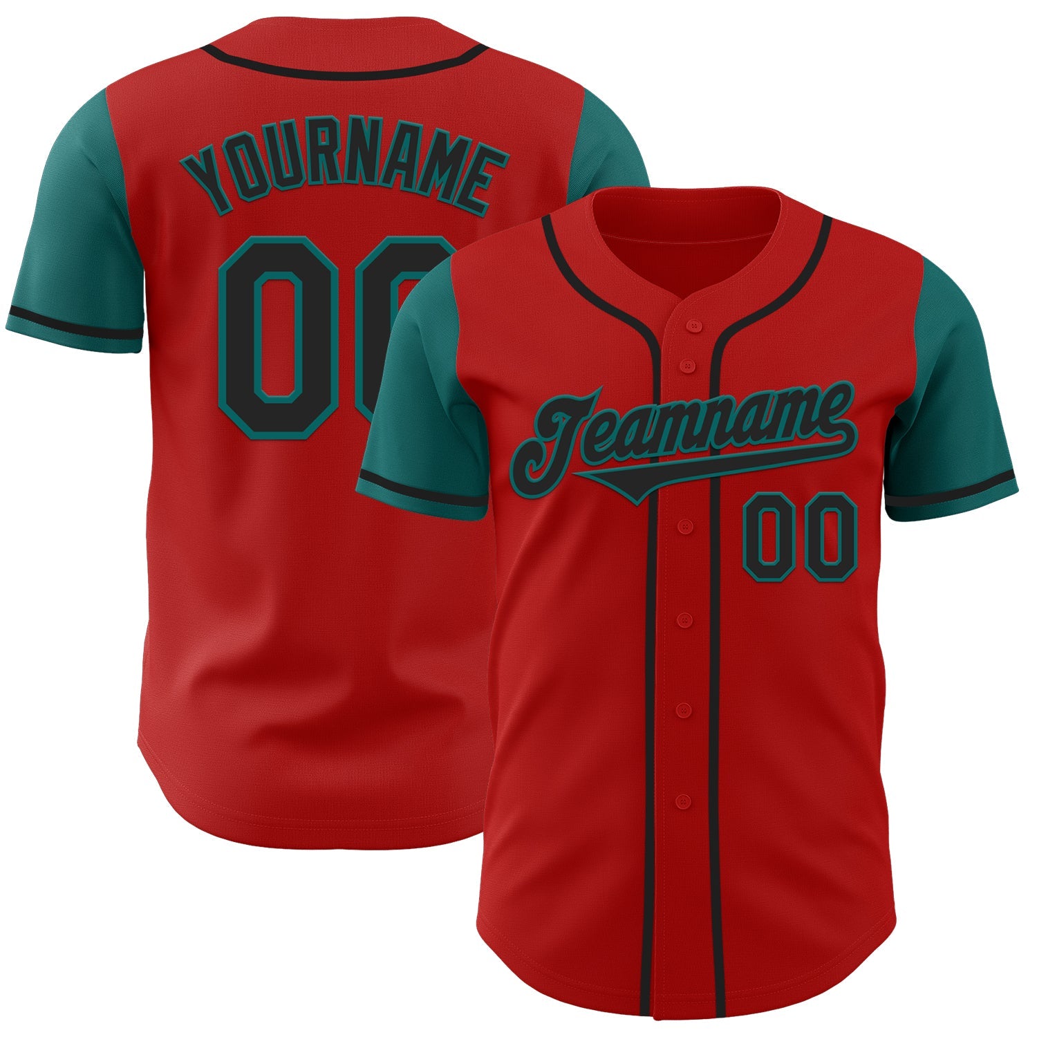 Custom Red Black-Teal Authentic Two Tone Baseball Jersey - Main View