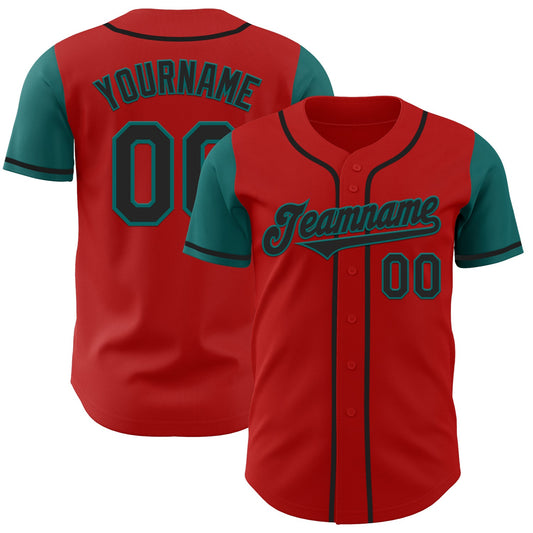 Custom Red Black-Teal Authentic Two Tone Baseball Jersey - Main View