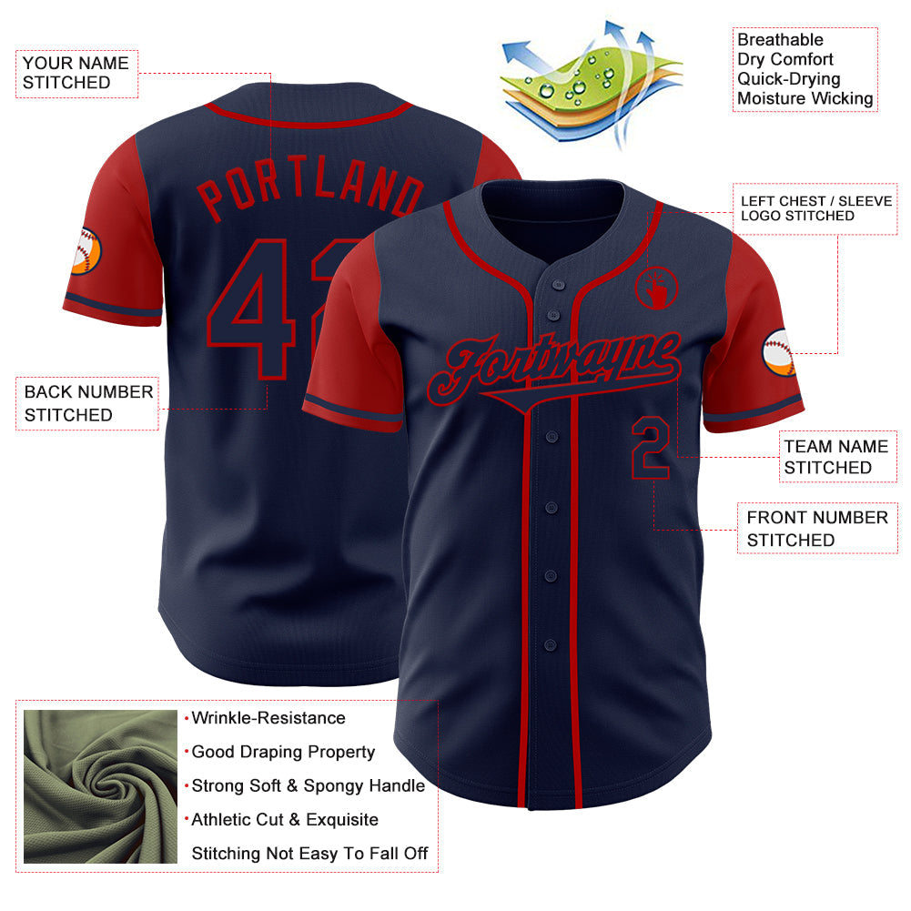 Custom Navy Red Authentic Two Tone Baseball Jersey view 3