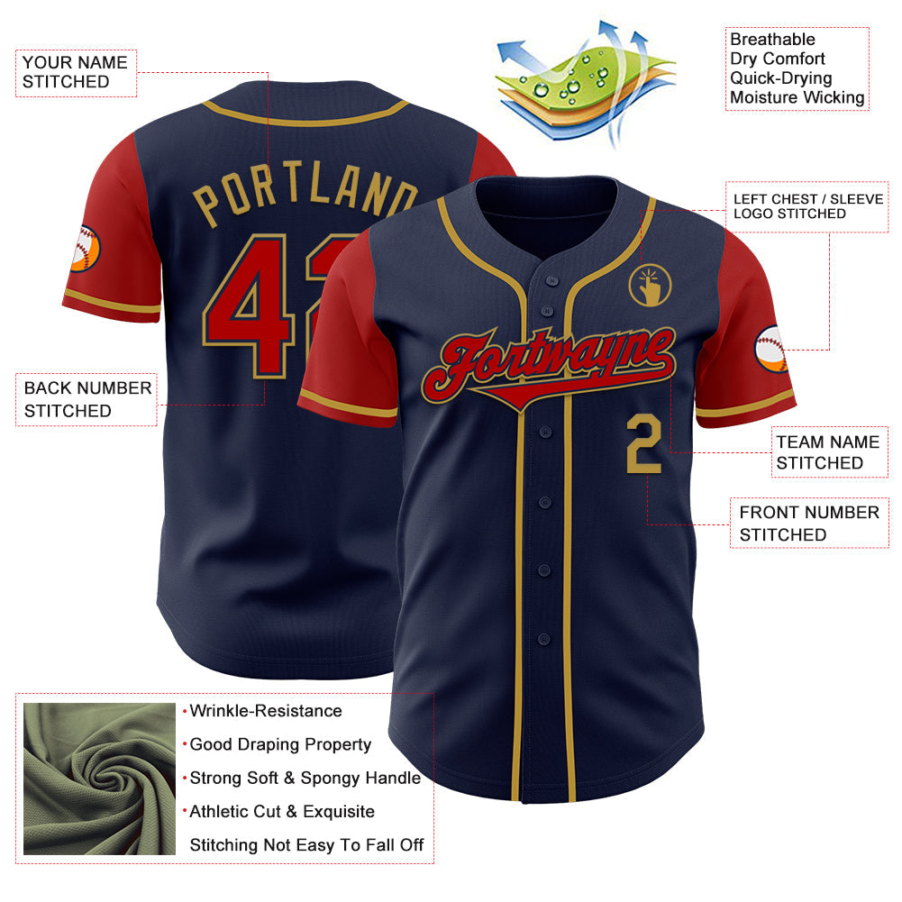 Custom Navy Red-Old Gold Authentic Two Tone Baseball Jersey view 3