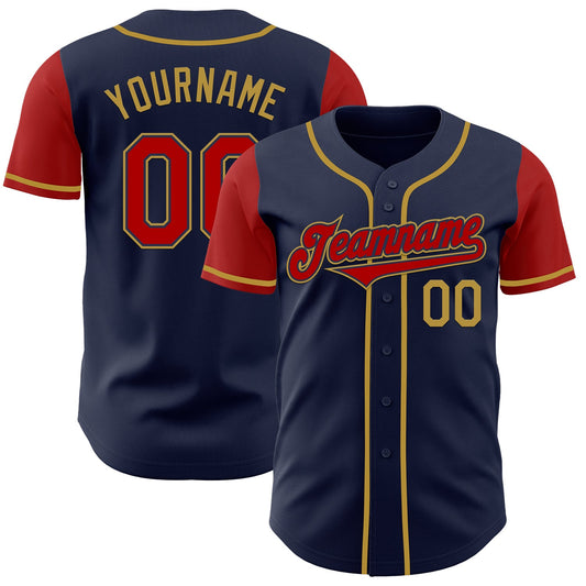 Custom Navy Red-Old Gold Authentic Two Tone Baseball Jersey - Main View