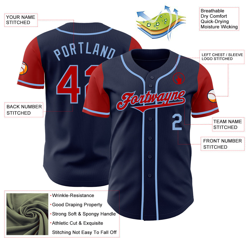 Custom Navy Red-Light Blue Authentic Two Tone Baseball Jersey view 3