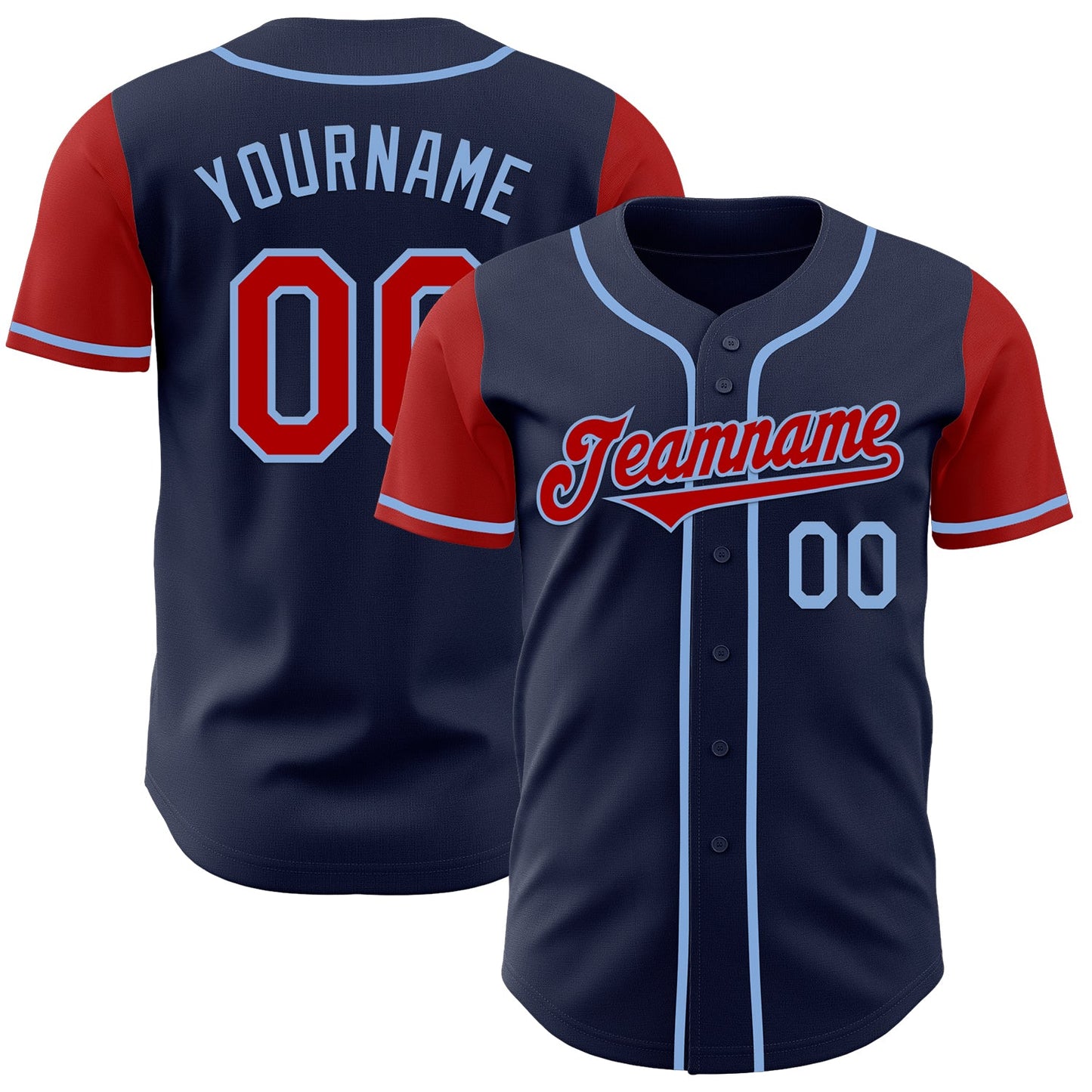 Custom Navy Red-Light Blue Authentic Two Tone Baseball Jersey - Main View
