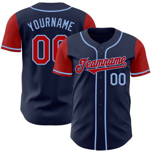Custom Navy Red-Light Blue Authentic Two Tone Baseball Jersey - Main View