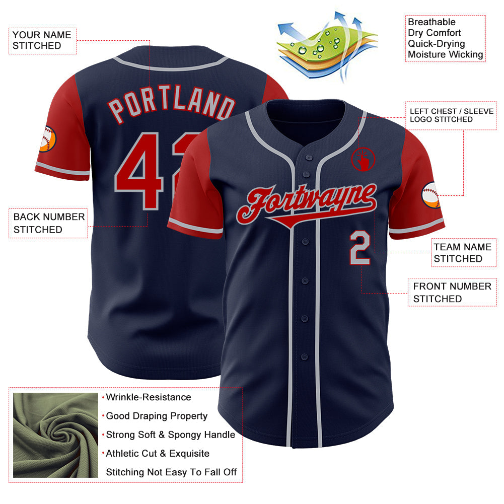 Custom Navy Red-Gray Authentic Two Tone Baseball Jersey view 3
