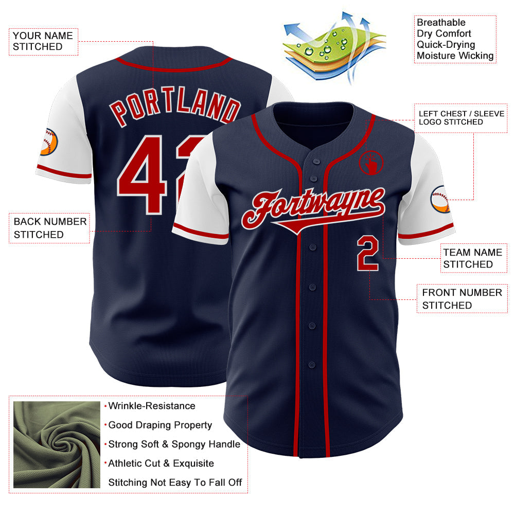 Custom Navy Red-White Authentic Two Tone Baseball Jersey view 3