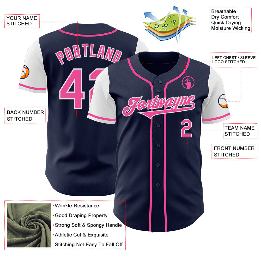 Custom Navy Pink-White Authentic Two Tone Baseball Jersey view 3