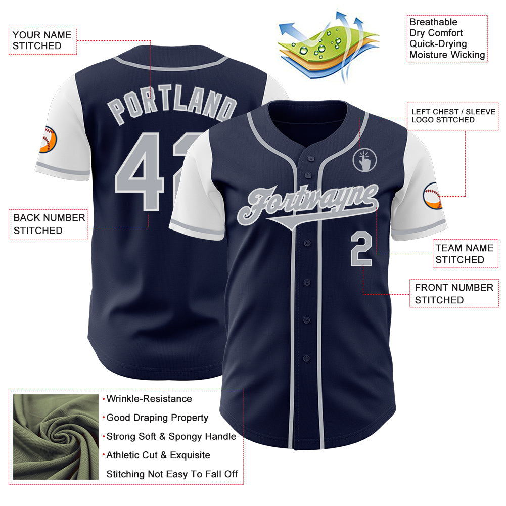 Custom Navy Gray-White Authentic Two Tone Baseball Jersey view 3
