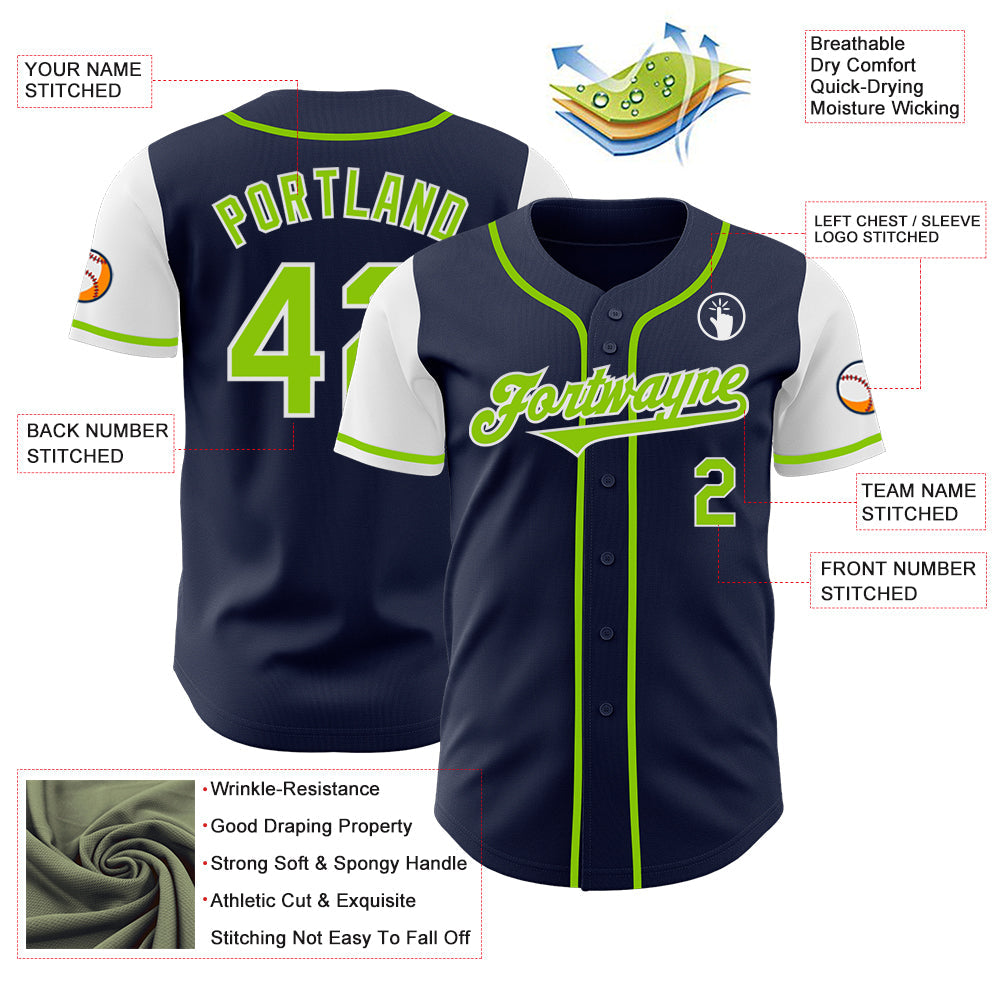Custom Navy Neon Green-White Authentic Two Tone Baseball Jersey view 3