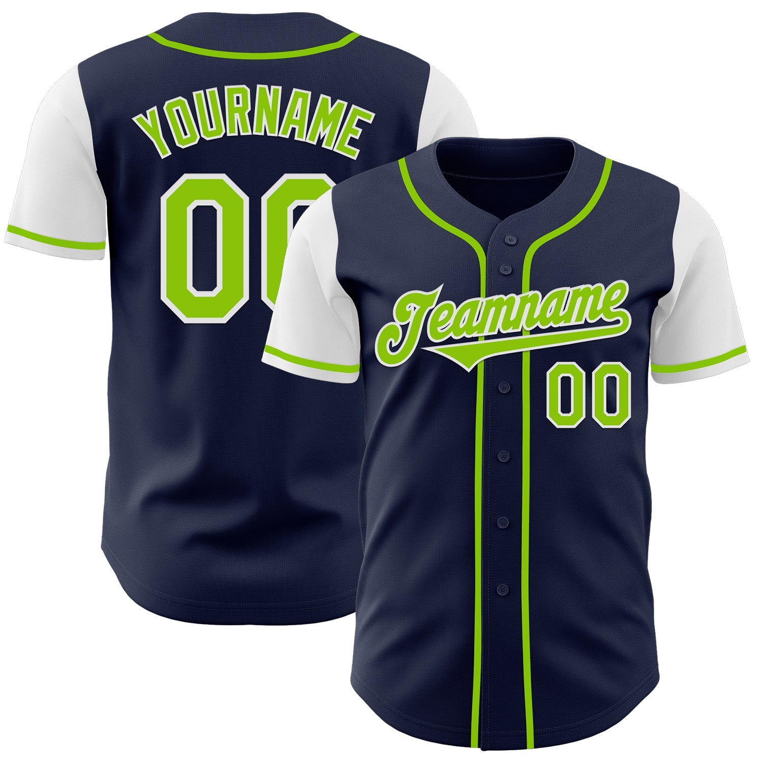 Custom Navy Neon Green-White Authentic Two Tone Baseball Jersey - Main View