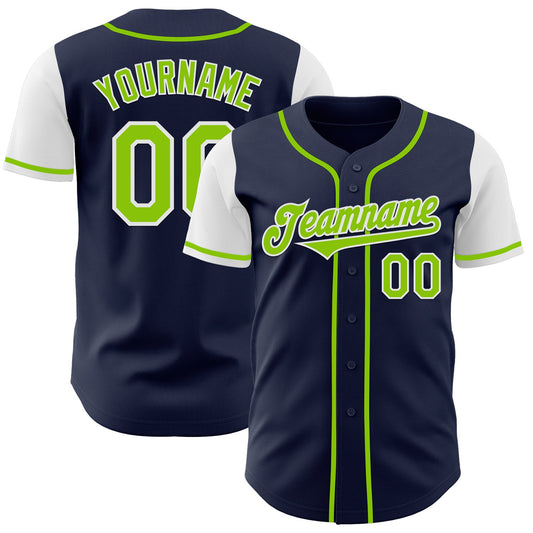 Custom Navy Neon Green-White Authentic Two Tone Baseball Jersey - Main View