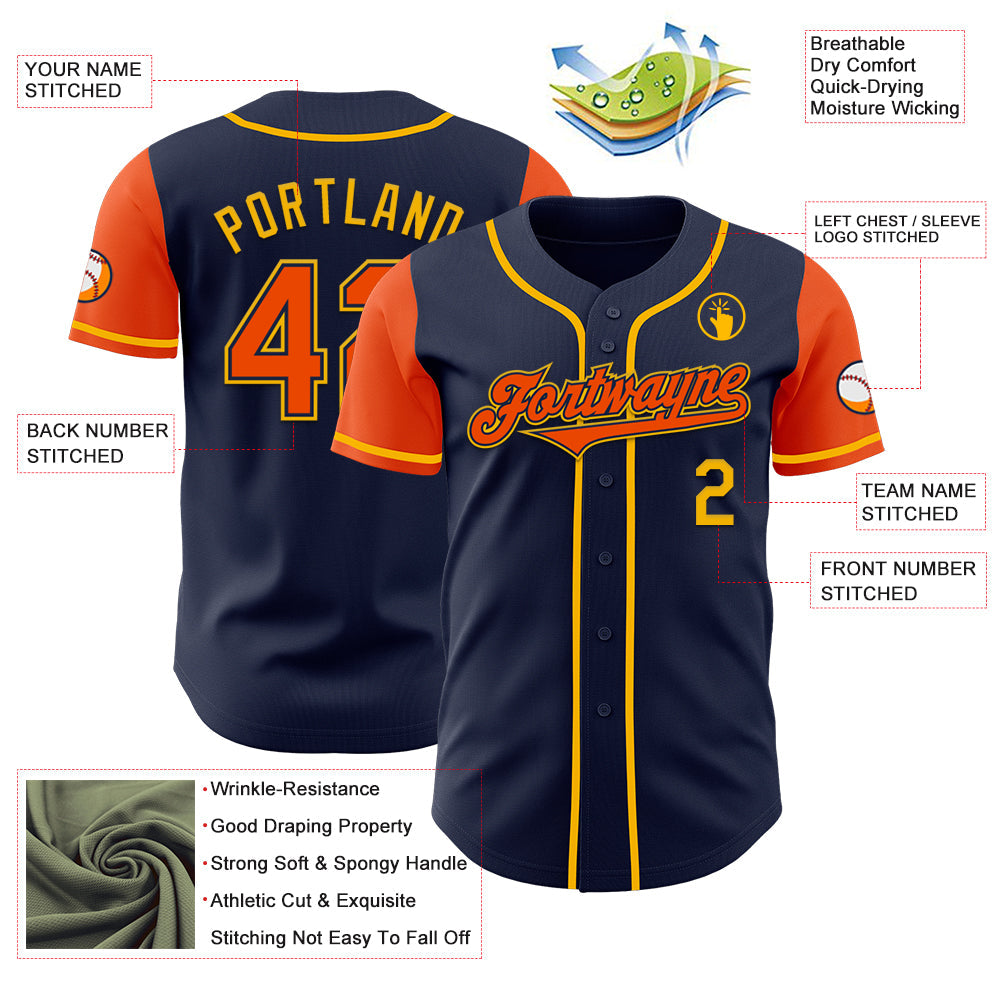 Custom Navy Orange-Gold Authentic Two Tone Baseball Jersey view 3