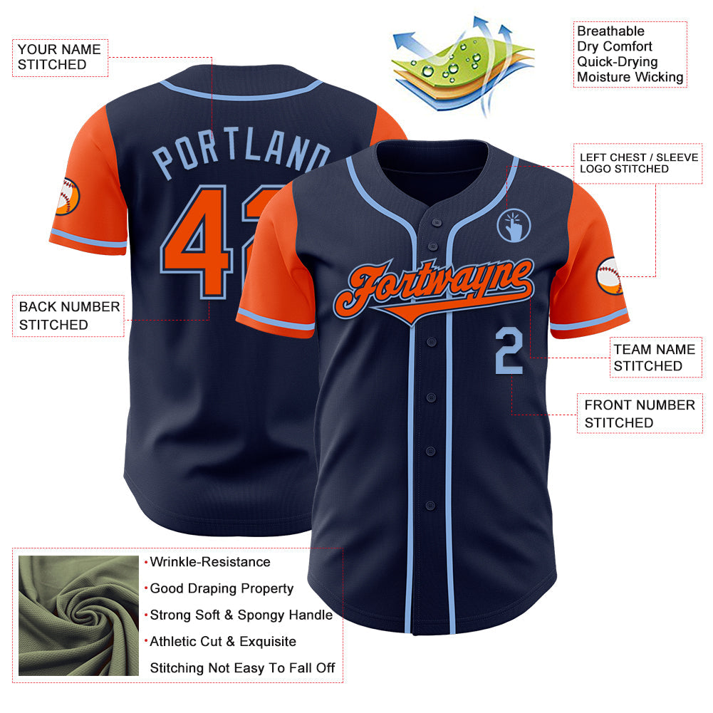 Custom Navy Orange-Light Blue Authentic Two Tone Baseball Jersey view 3