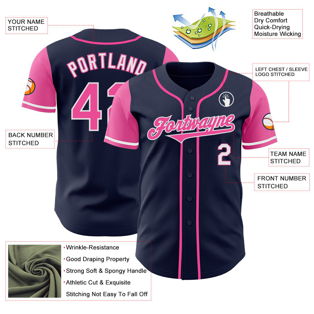 Custom Navy Pink-White Authentic Two Tone Baseball Jersey view 3