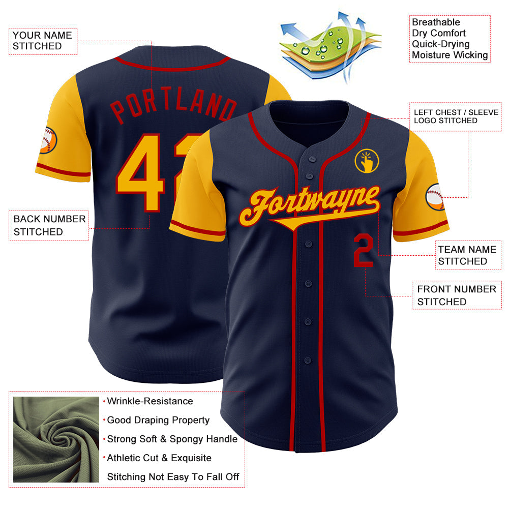 Custom Navy Gold-Red Authentic Two Tone Baseball Jersey view 3