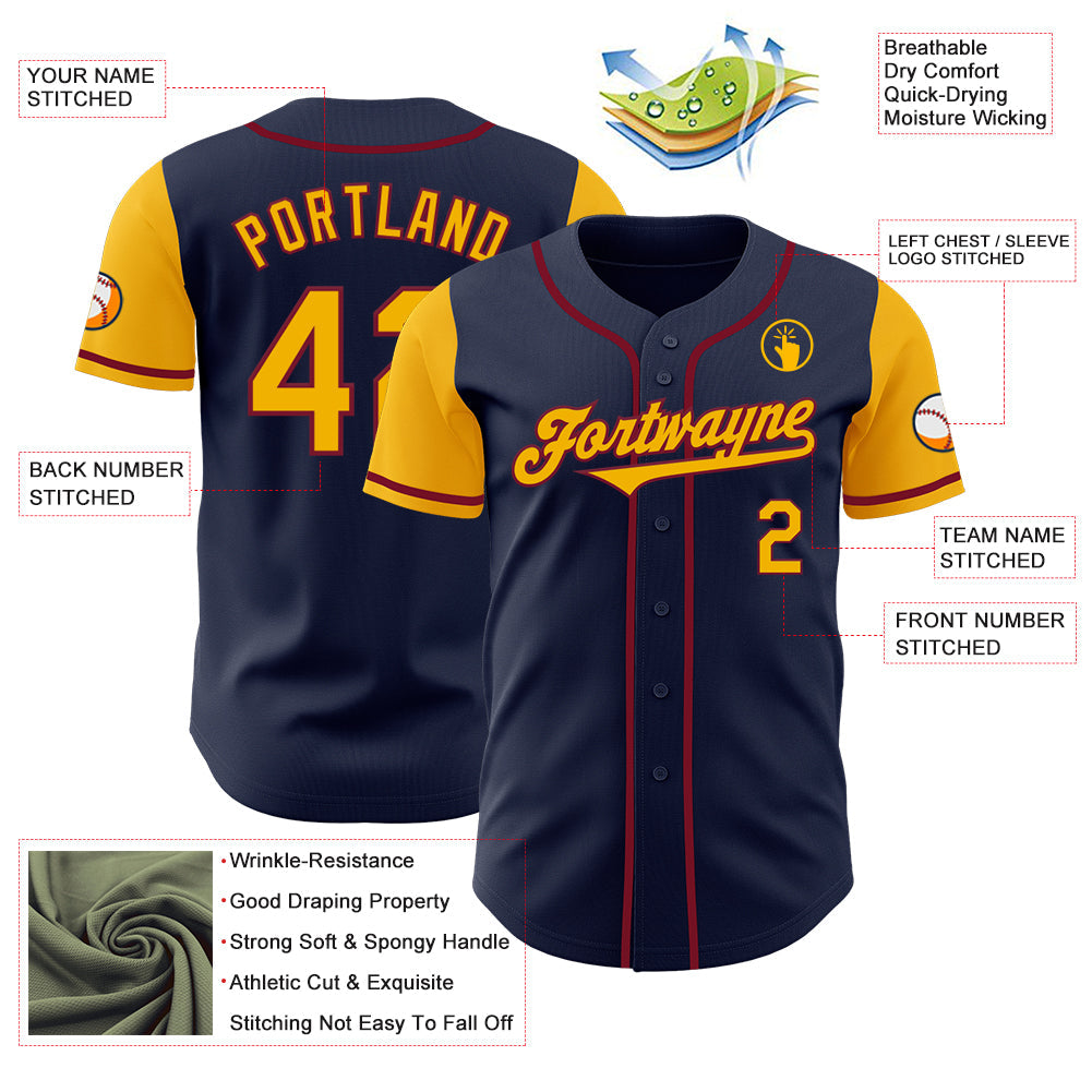 Custom Navy Gold-Crimson Authentic Two Tone Baseball Jersey view 3
