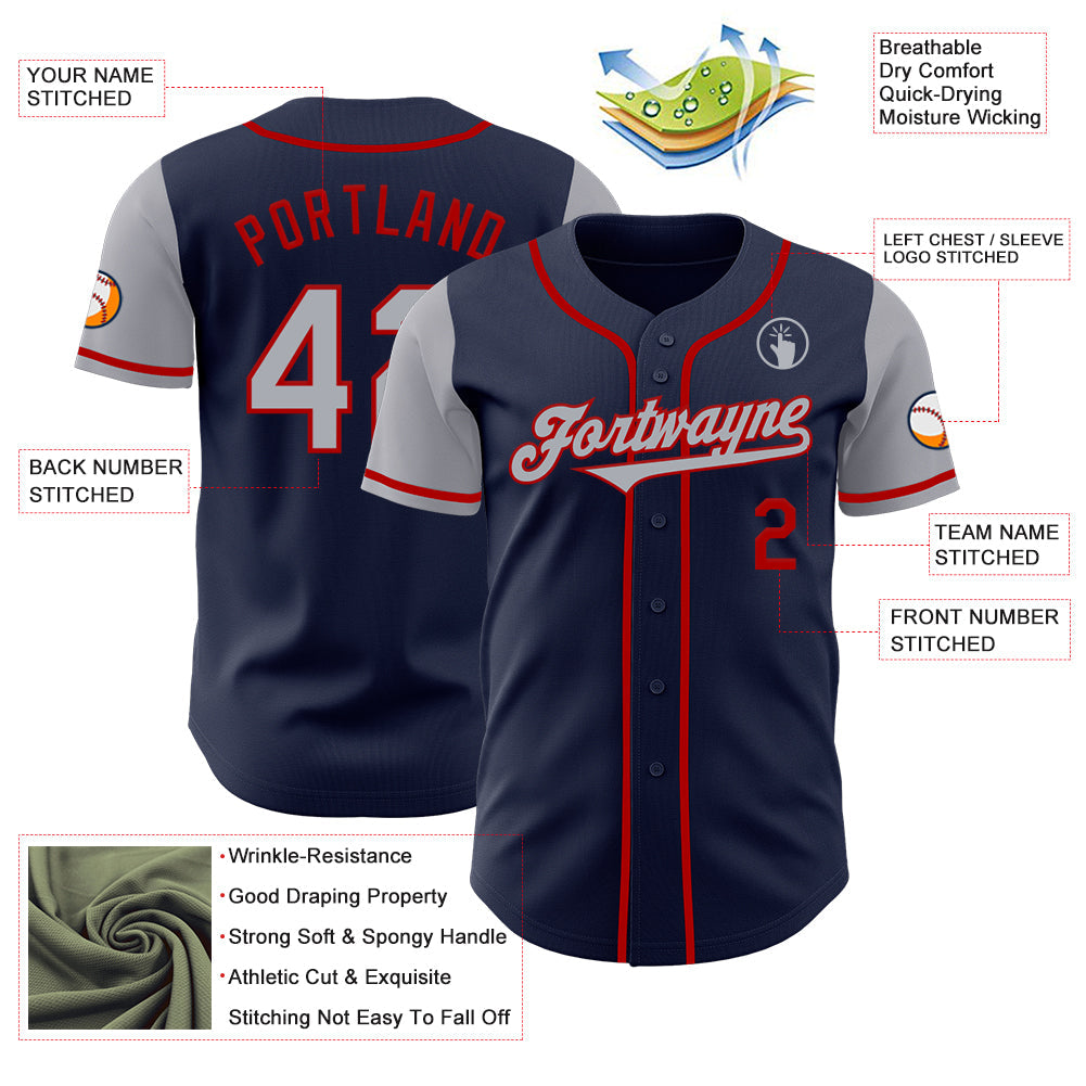 Custom Navy Gray-Red Authentic Two Tone Baseball Jersey view 3
