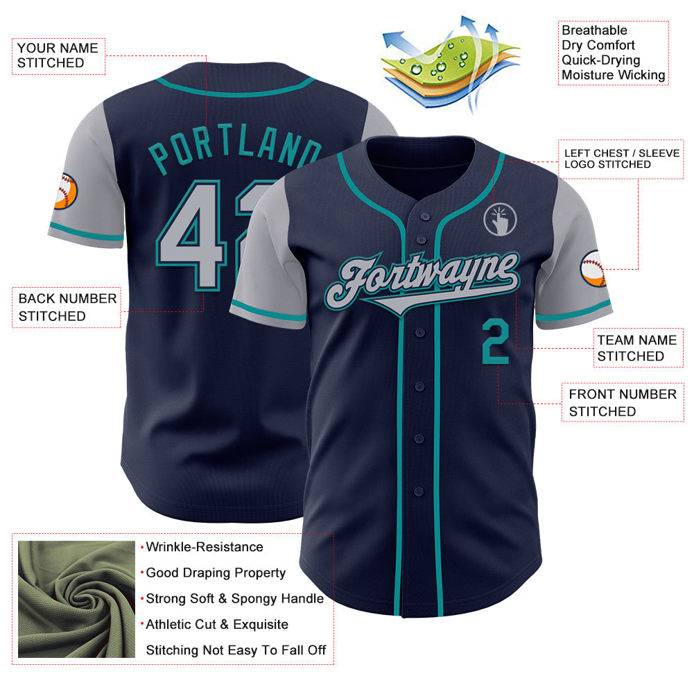 Custom Navy Gray-Teal Authentic Two Tone Baseball Jersey view 3