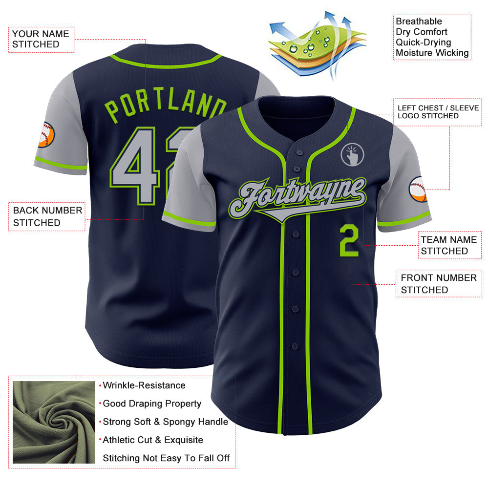Custom Navy Gray-Neon Green Authentic Two Tone Baseball Jersey view 3